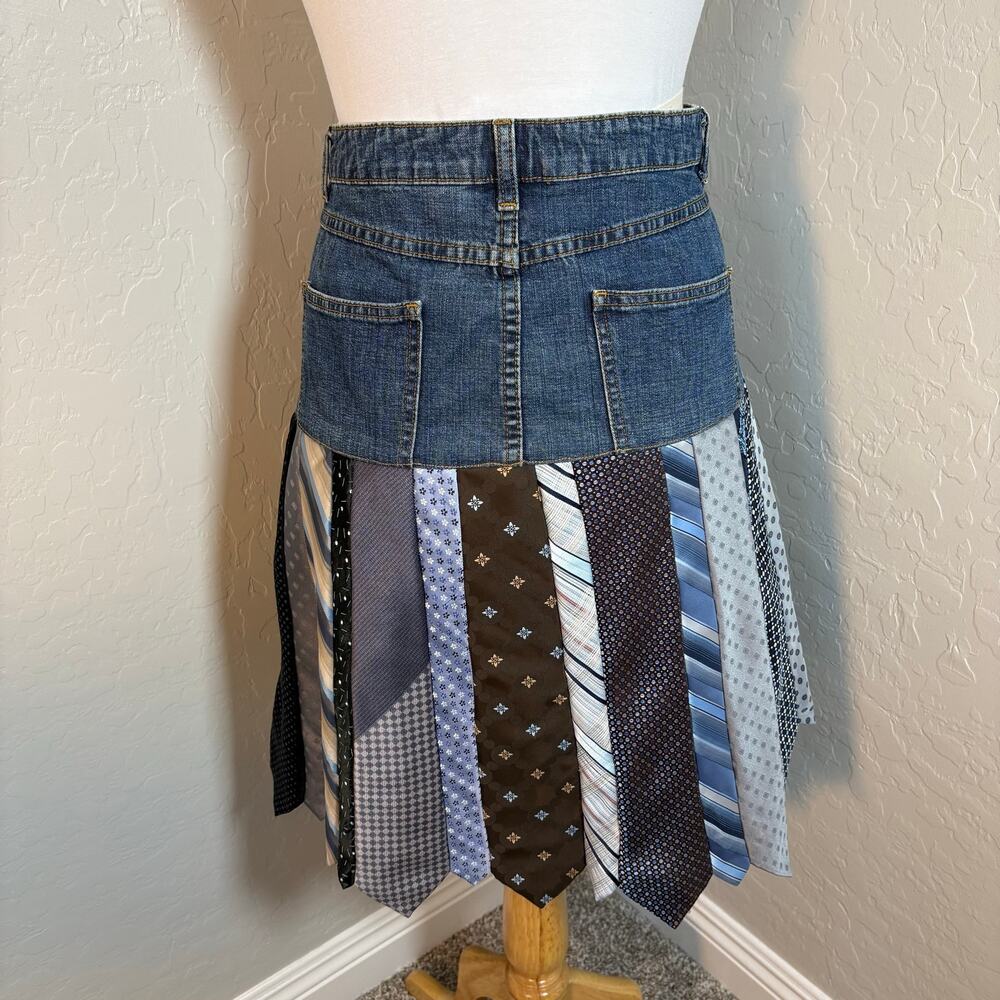 Vintage Handmade Upcycled Neck Tie Denim Jeans Skirt Boho Maximalist 12 - Picture 7 of 16
